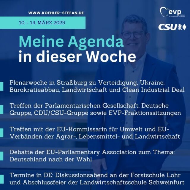 Diese Woche bin ich wieder in Straßburg – eine intensive Plenarwoche im Europaparlament erwartet mich! 📅📲💻☕

Auf der Agenda stehen wichtige Themen und Gespräche von Verteidigung über Bürokratieabbau bis hin zur Landwirtschaft. Außerdem freue ich mich auf spannende Veranstaltungen in Deutschland zum Ende der Woche. 

Ich halte euch auf dem Laufenden! 😁🚀

#straßburg #europaparlament #plenarwoche #evp #csu #packenwiresan #gescheitepolitik #stefankoehler